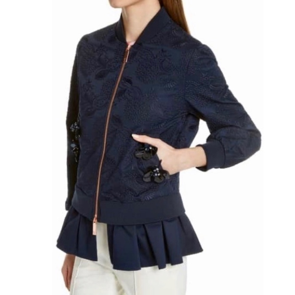 Ted Baker Embellished Floral Frill Bomber Jacket Size 4
